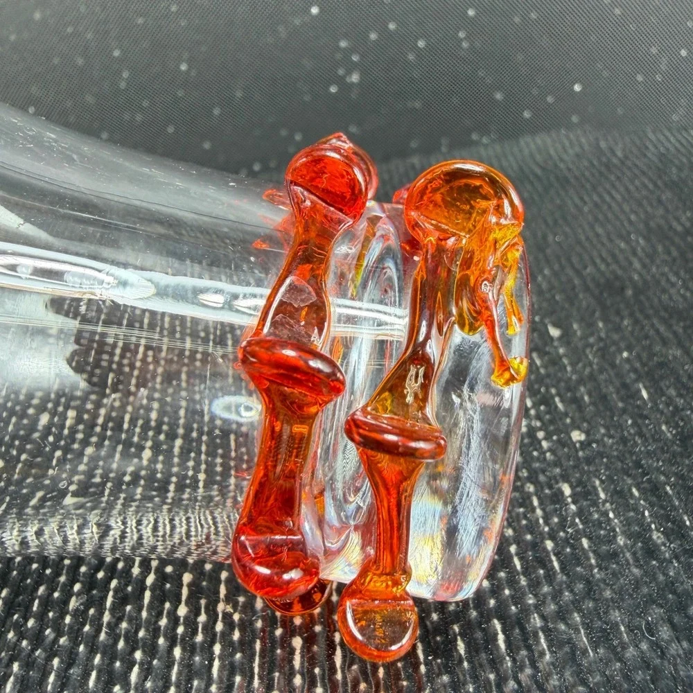 Italian Art Glass Shot Glasses Set 2 Orange Rigaree Flared Clear Glass MCM